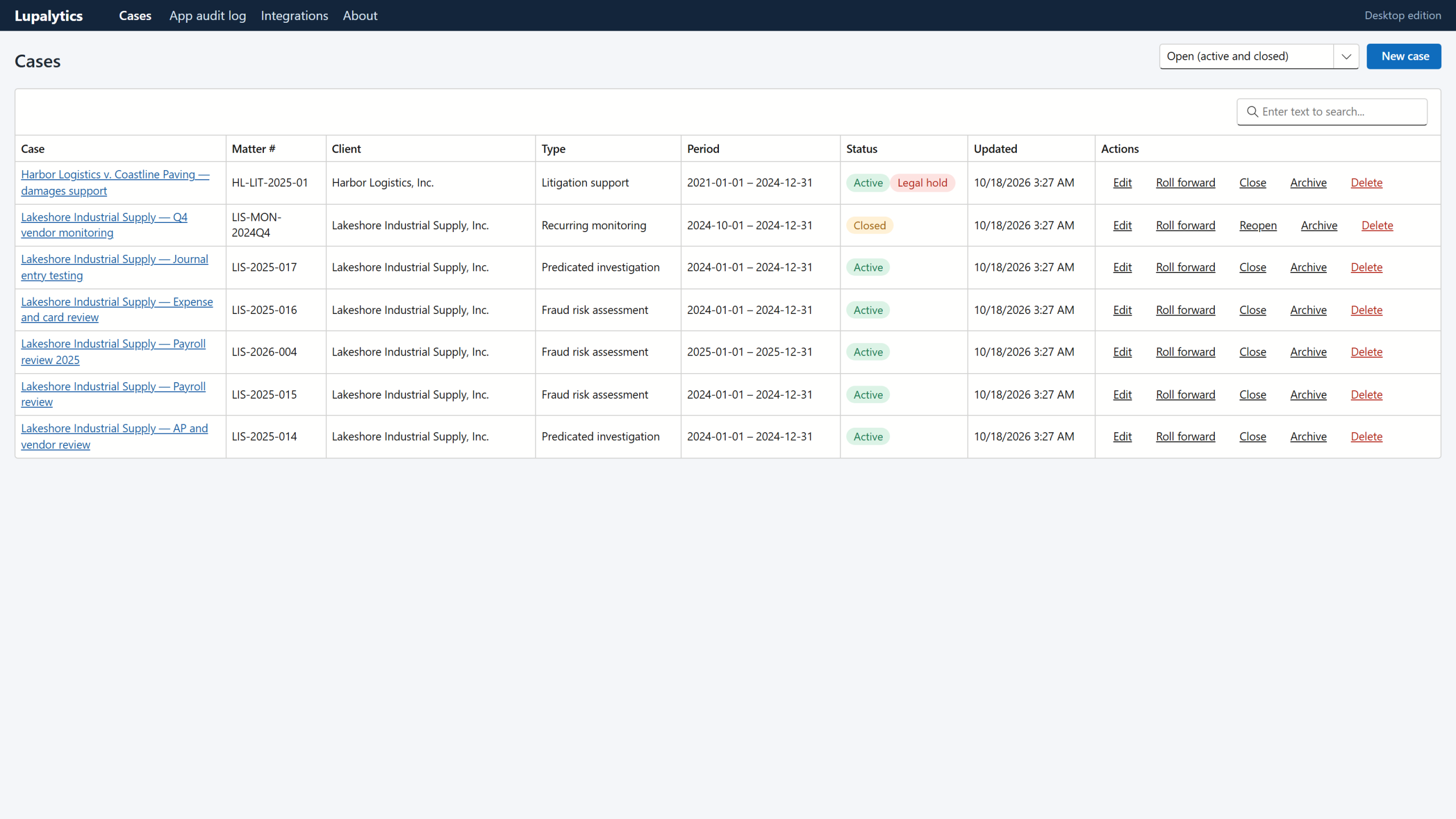 Case list showing active cases with selected schemes, data request progress and open exceptions