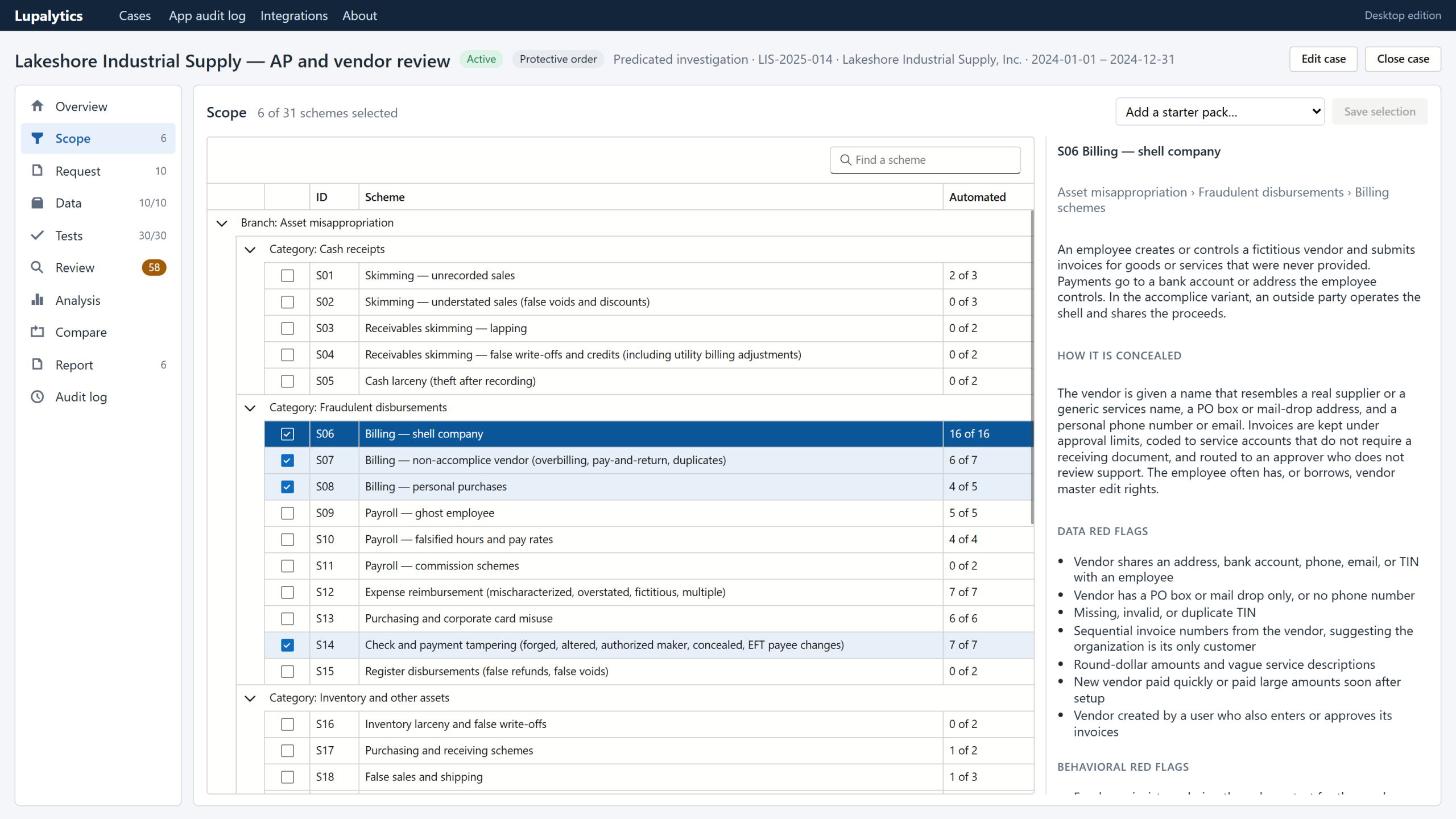 Scope screen listing fraud schemes with checkboxes and a detail panel of red flags for the selected scheme
