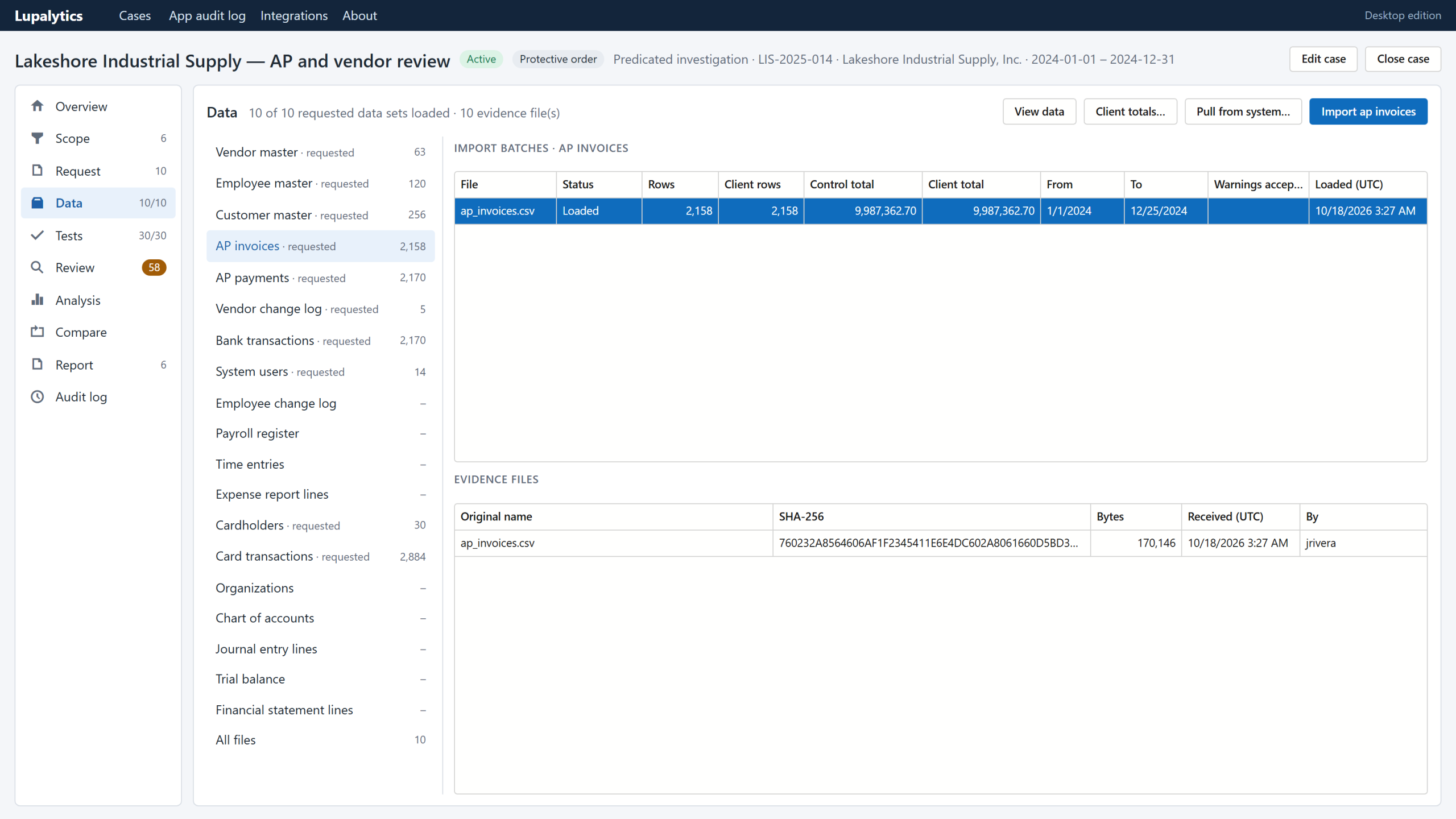 Evidence files with SHA-256 hashes and control totals compared with client-reported figures