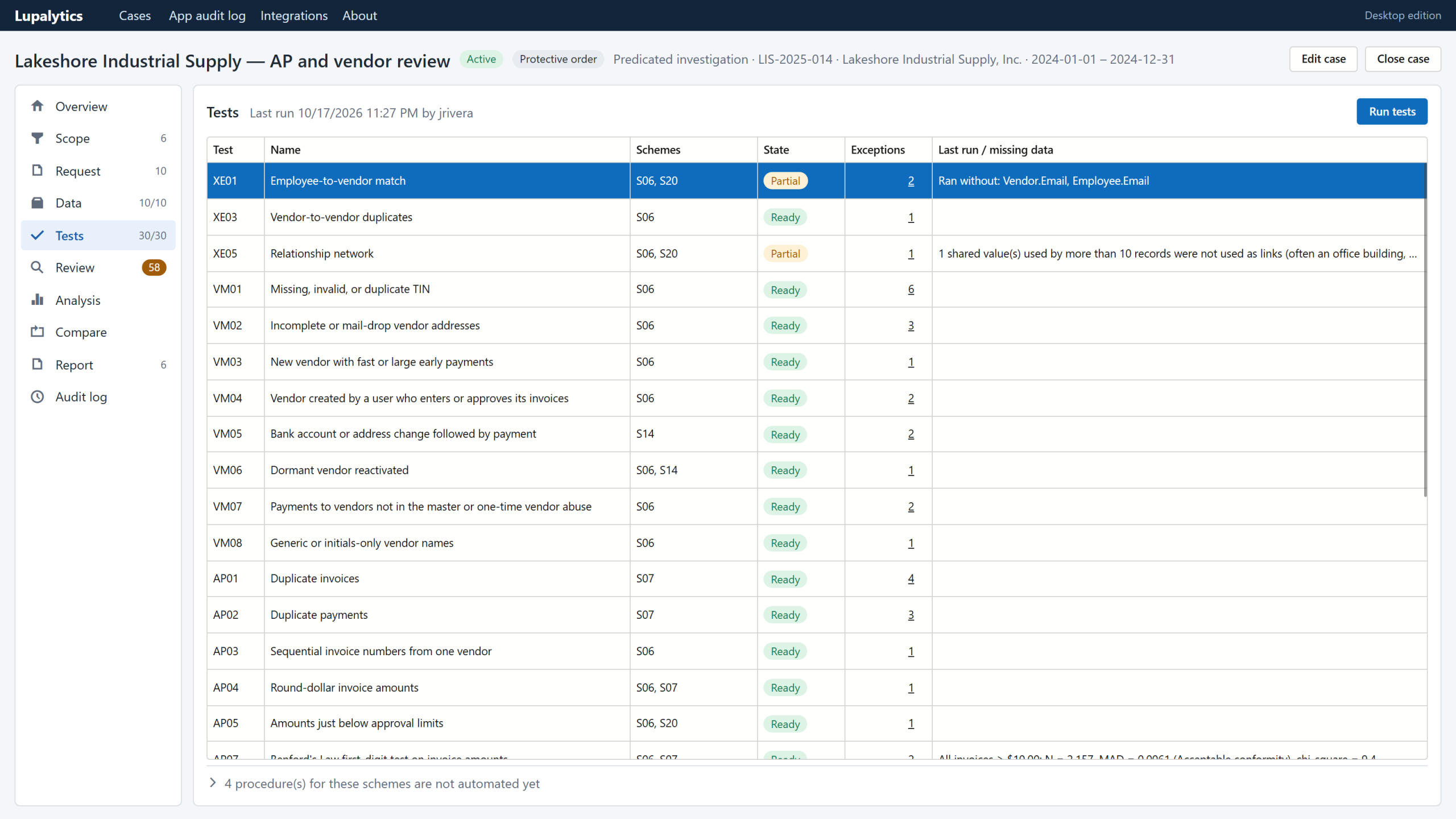 Test library showing each automated test as Ready, Partial or Blocked