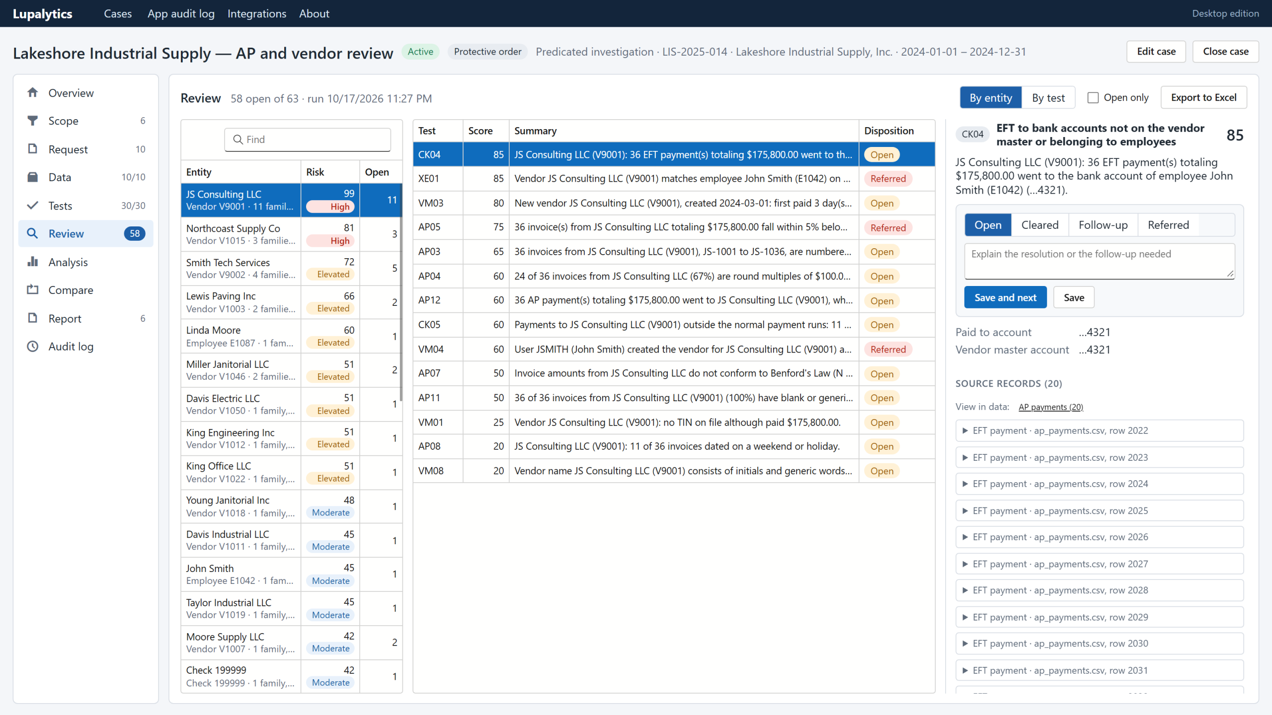Exception review grouped by entity with risk score, test results and disposition controls