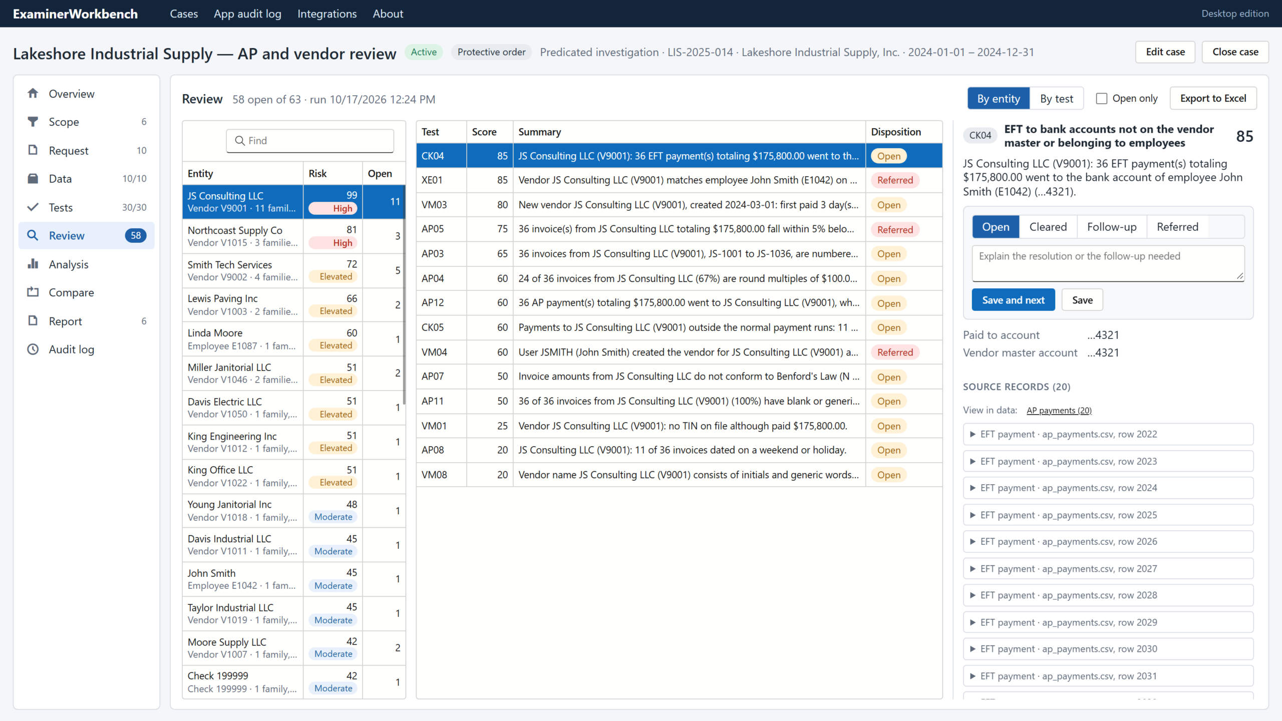 Exception review grouped by entity with risk score and disposition controls