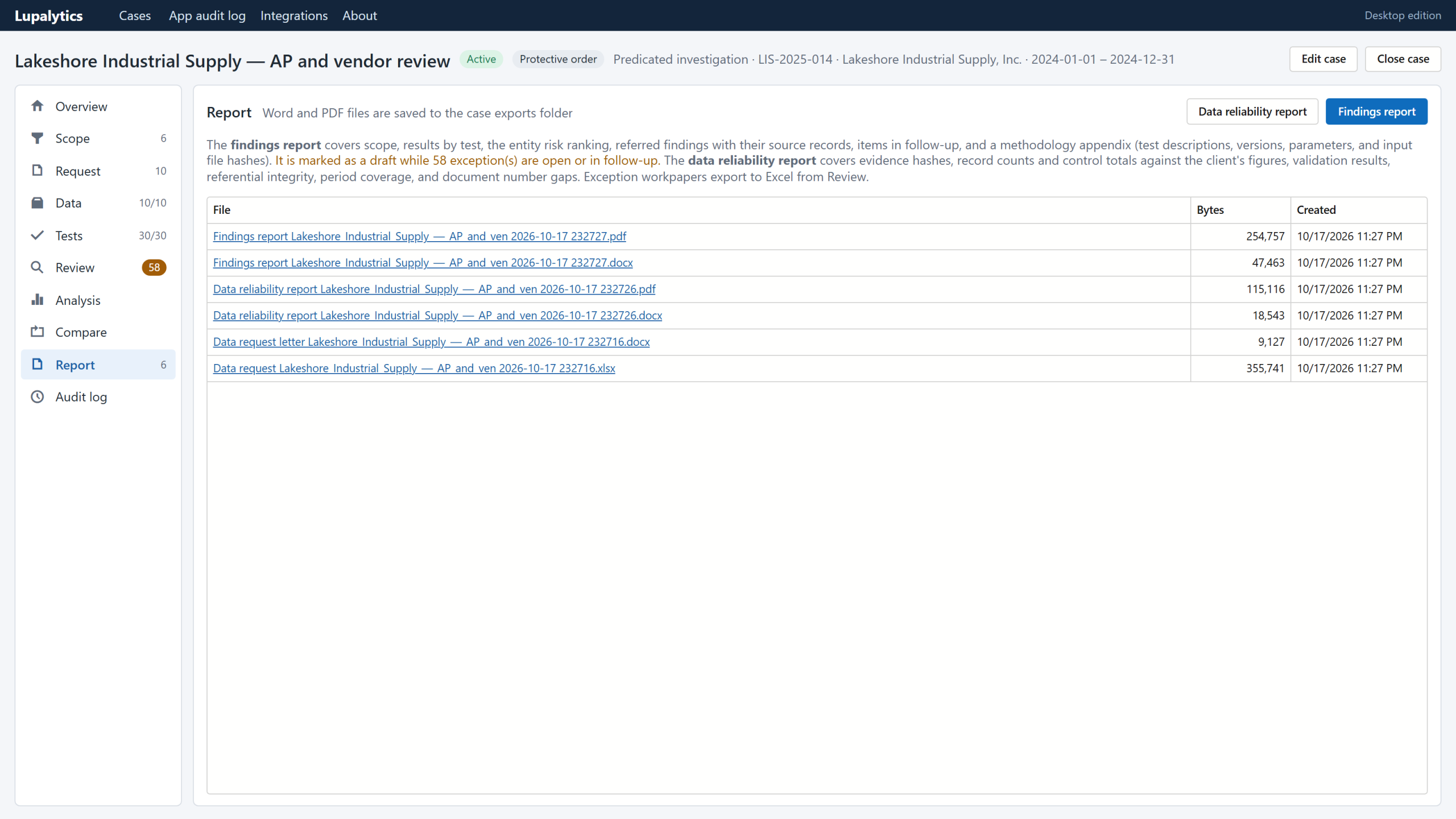 Reports screen listing the findings report, data reliability report and exception workpapers
