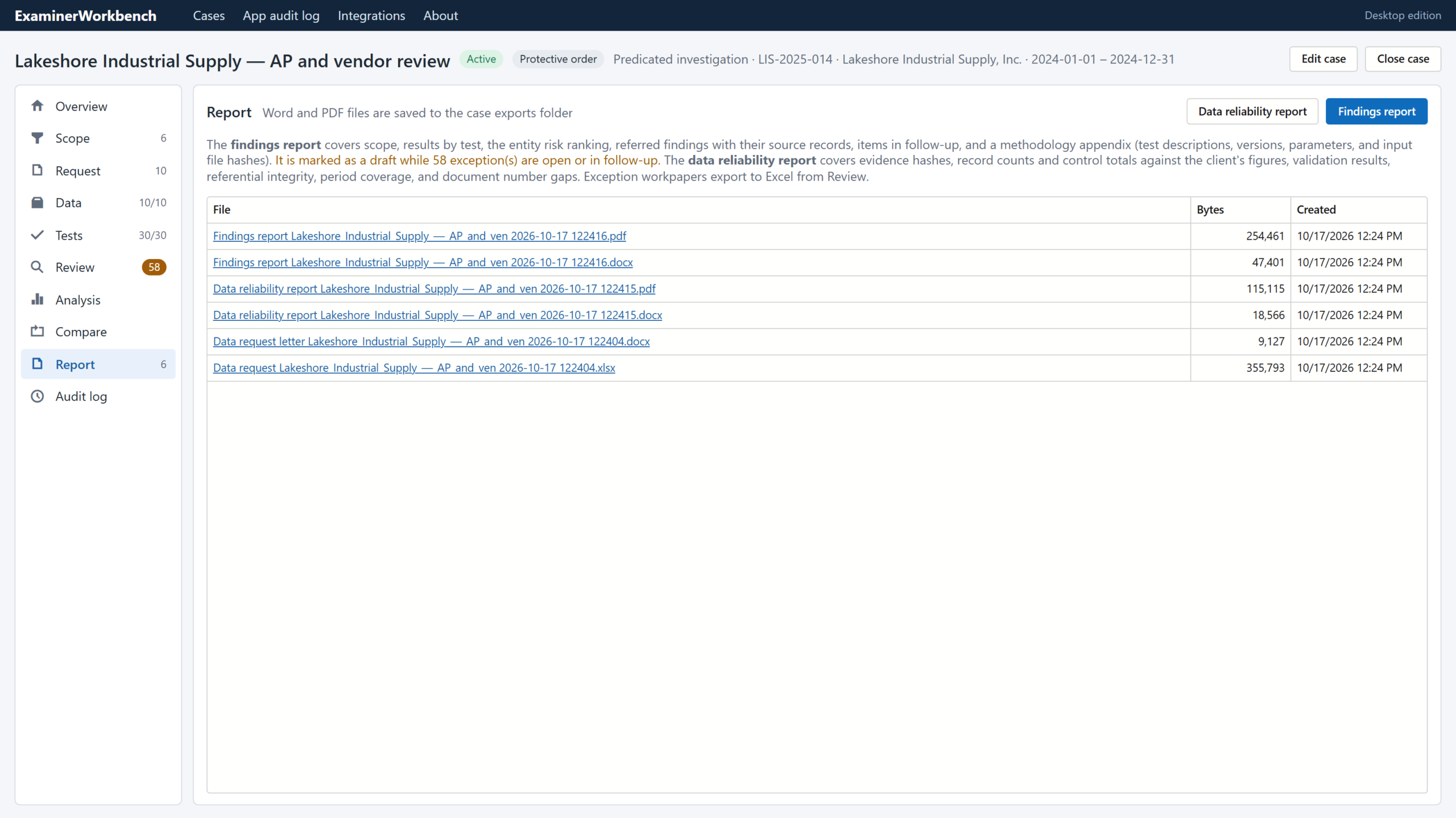 Reports screen listing the findings report, data reliability report and workpapers