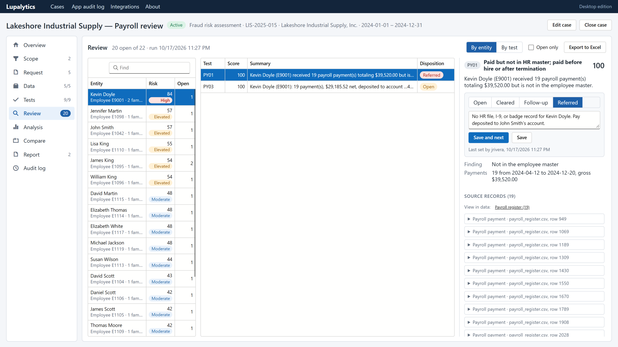 Payroll review of a ghost employee scheme with exceptions and source records