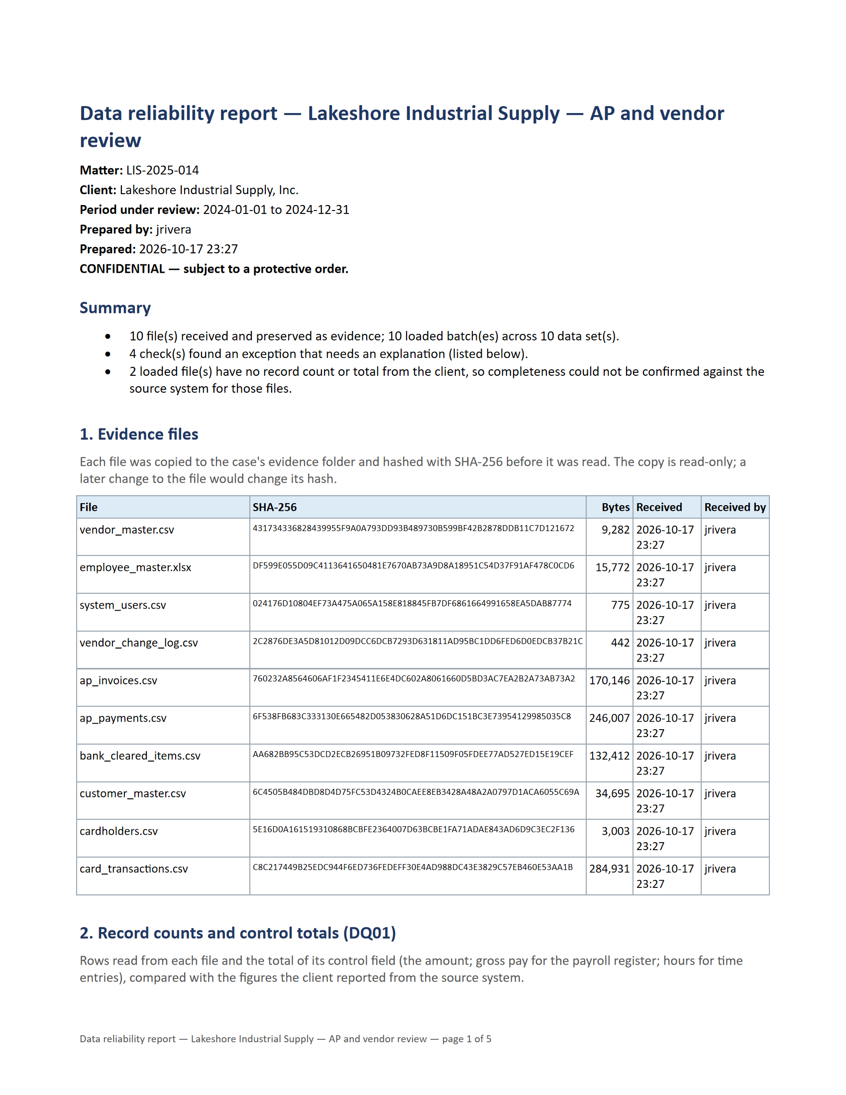 First page of the data reliability report