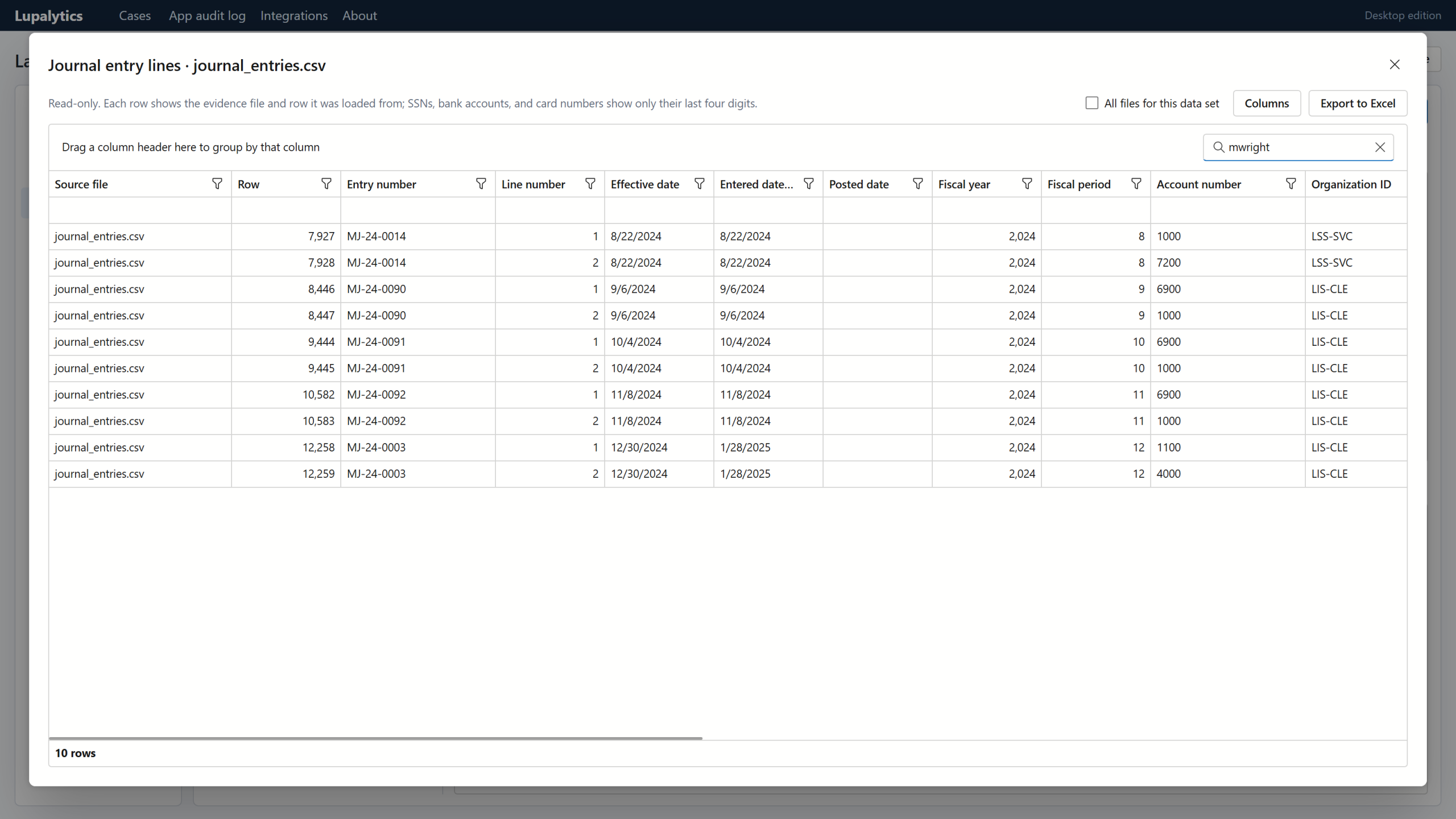 Read-only data viewer showing journal entry lines with column filters, grouping, a column chooser and Excel export