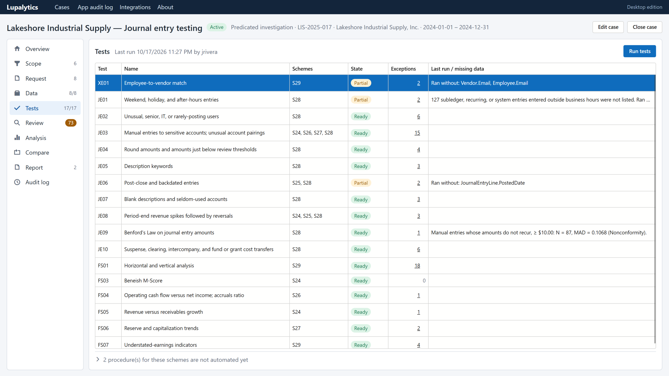 Tests screen for a journal entry testing case, listing each test with its state and exception count