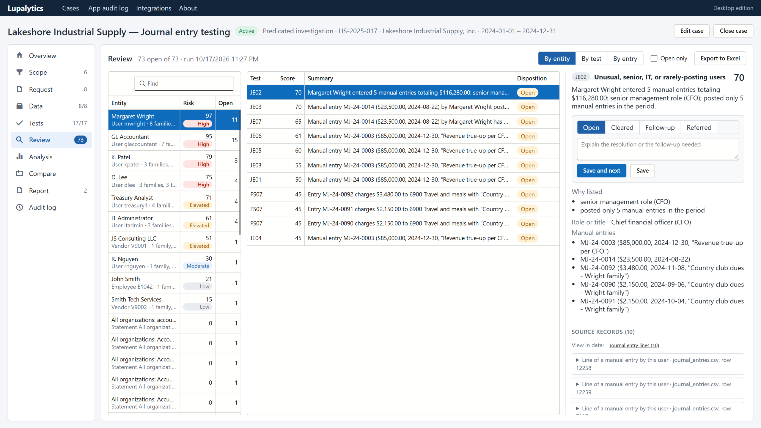 Three-pane review grouped by entity with risk scores, exceptions, and evidence with disposition controls