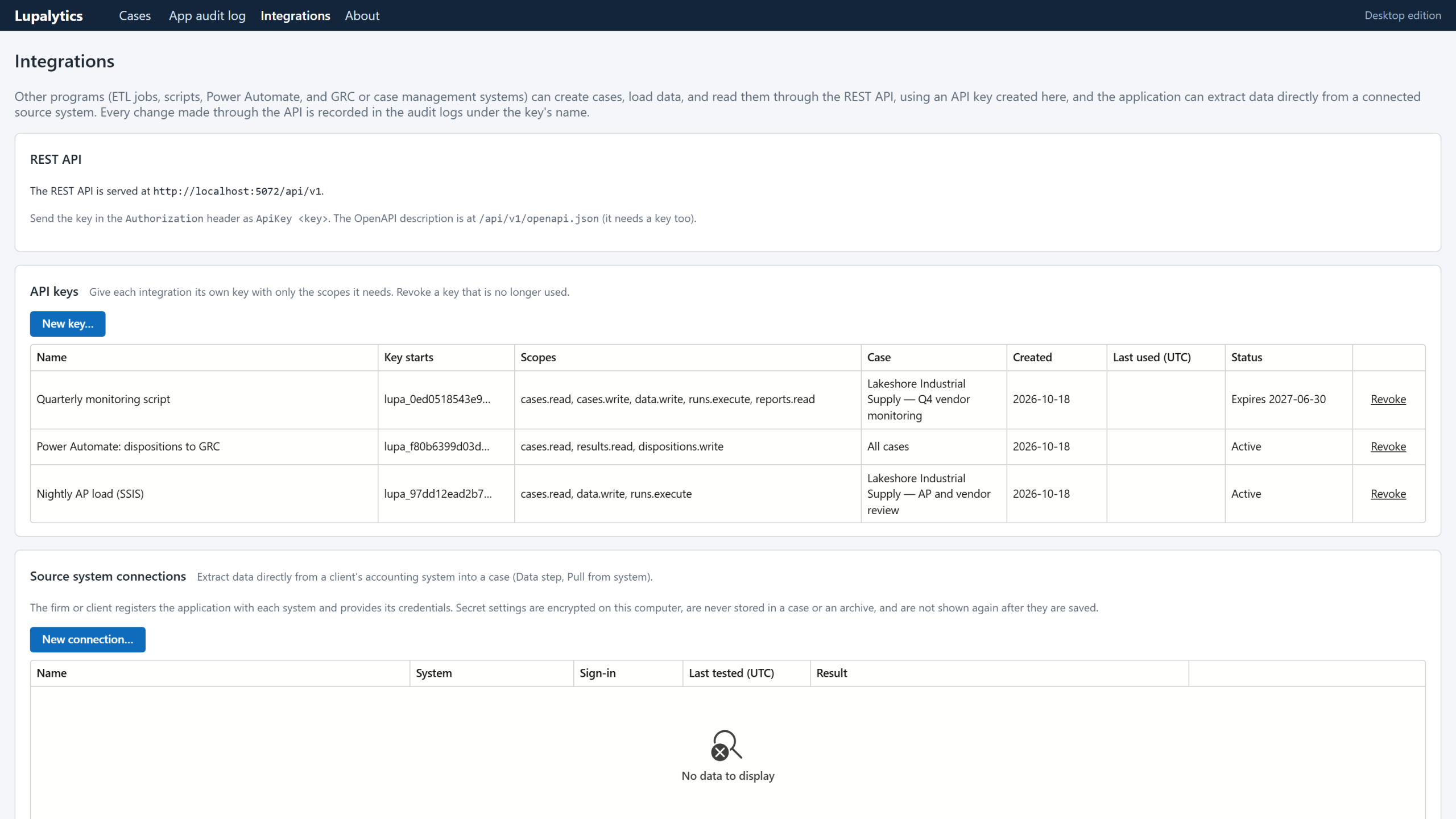 Integrations screen listing REST API keys with their scopes and expiry, and the source system connections panel